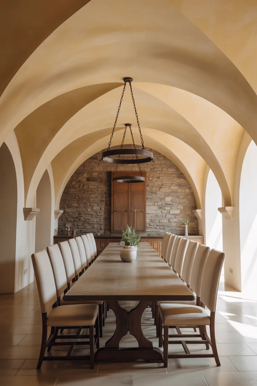 Dining Room With Barrel-Vaulted Ceiling and Stone Wall