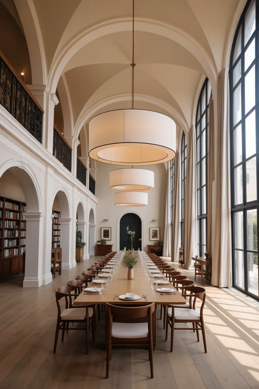  Dining Room With Double-Height Ceilings and Tall Windows