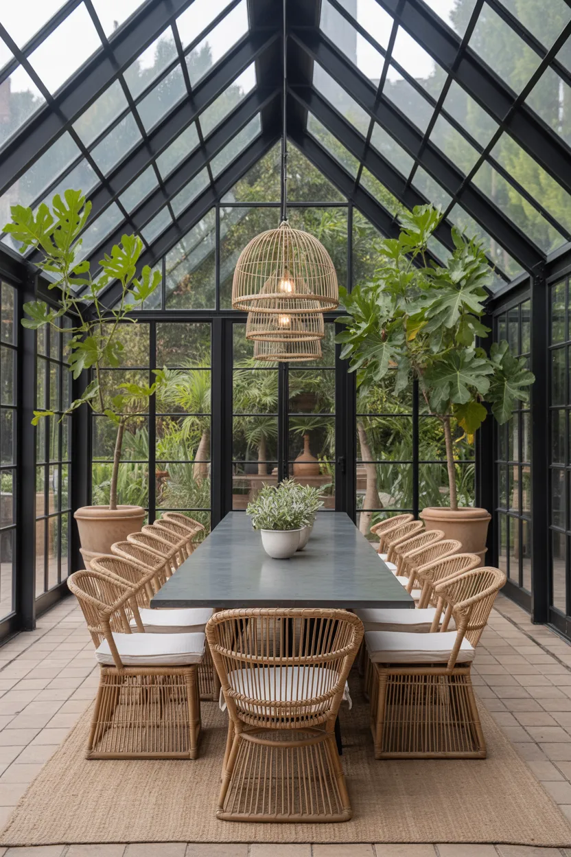 Dining Room With Greenhouse-Style Steel Windows