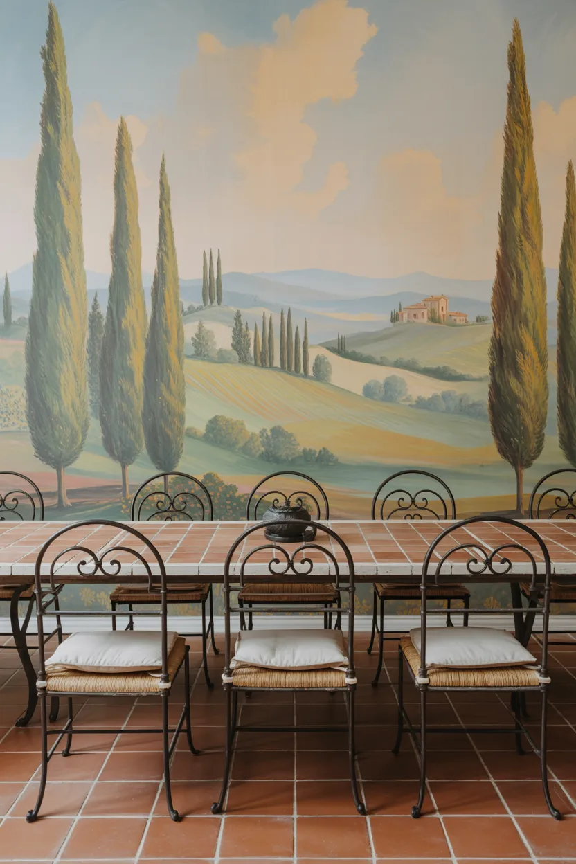 Dining Room With Hand-Painted Mural Wall