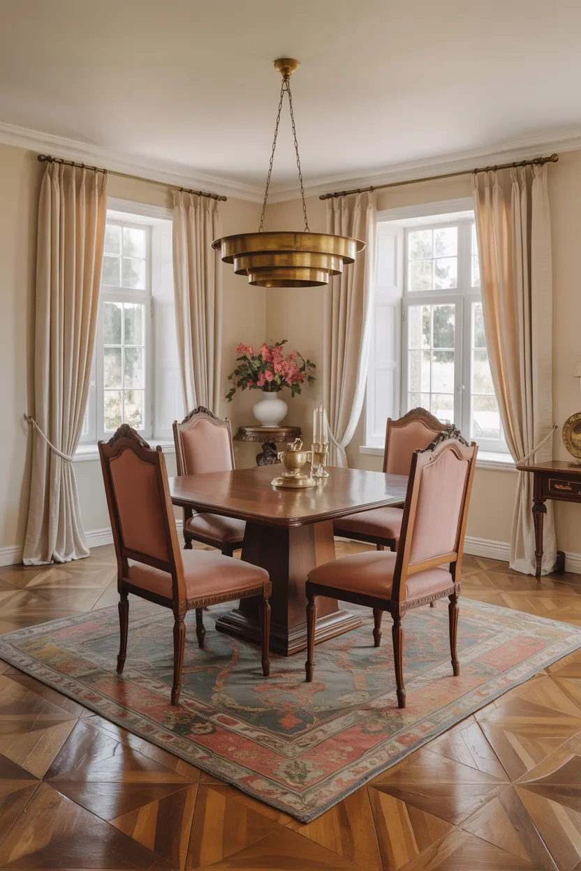 Dining Room With Herringbone Parquet and Antique Runner