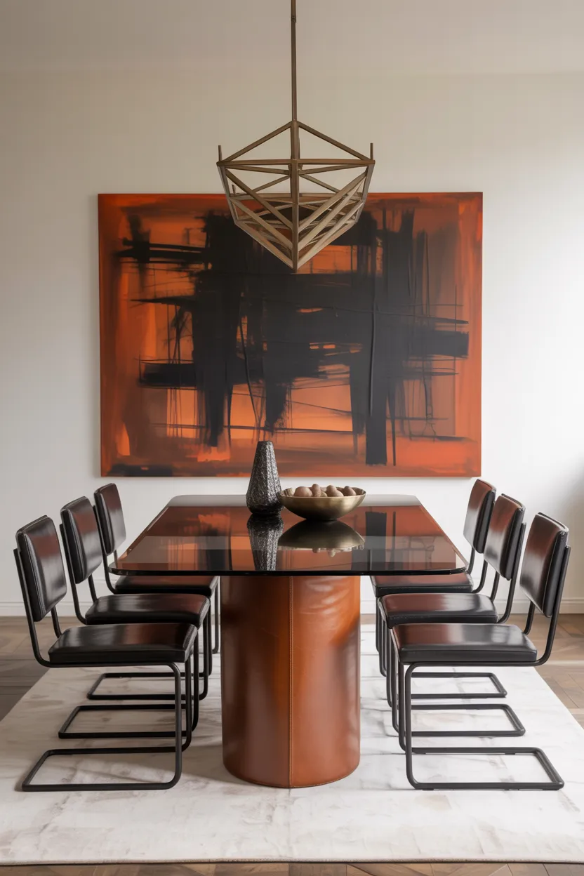 Dining Room With Leather-Wrapped Table Base