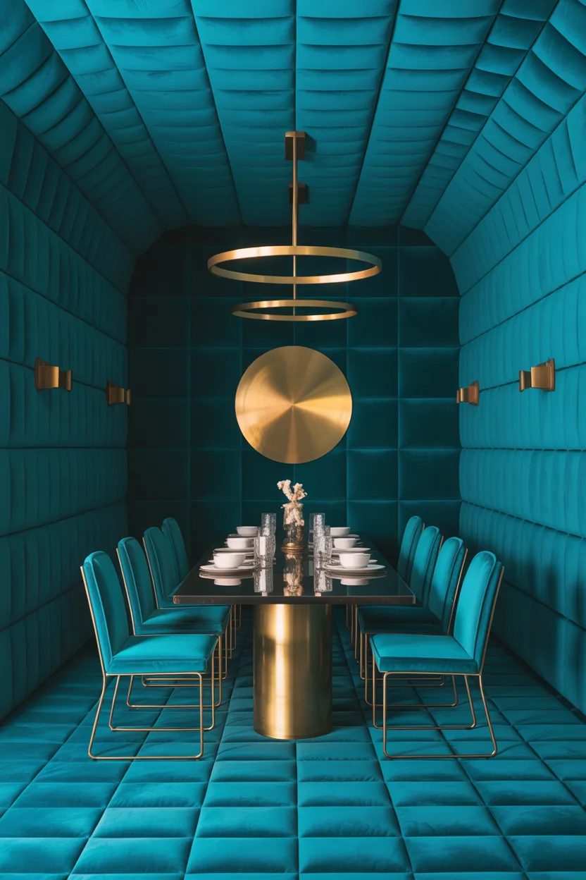 Dining Room With Matching Fabric on Walls and Chairs