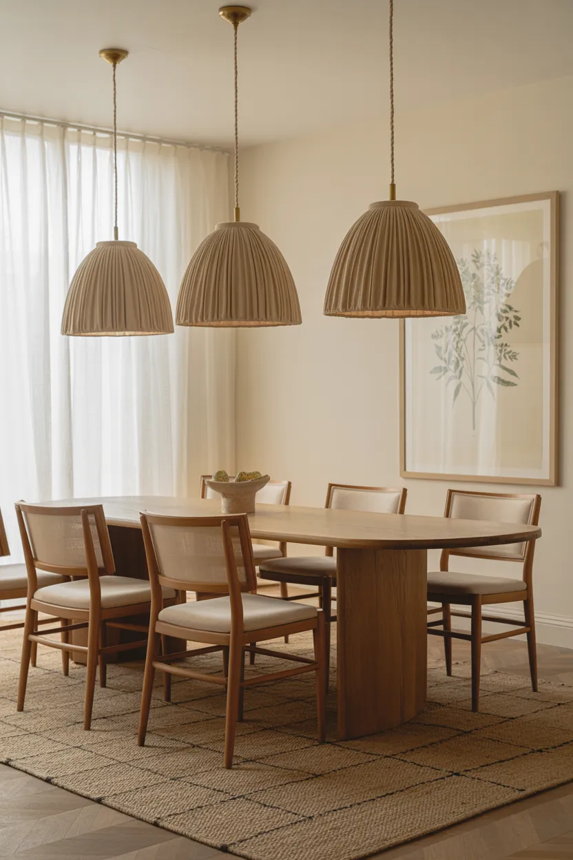 Dining Room With Pleated Linen Pendant Lights