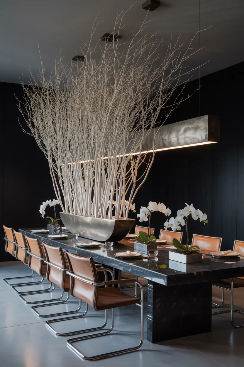 Dining Room With a Sculptural Tree Branch Centerpiece