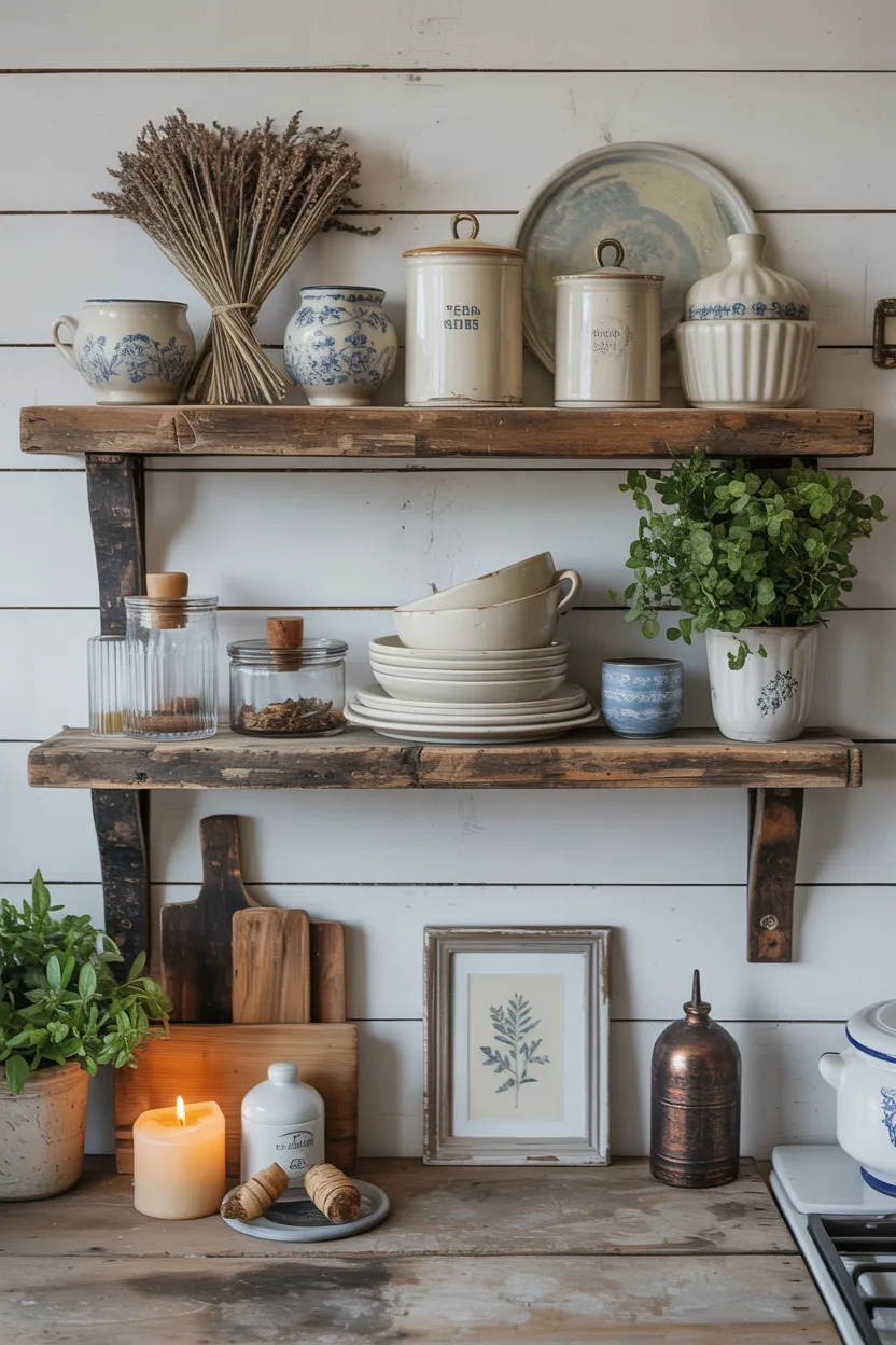 Distressed Wood Floating Shelves With Vintage Ceramics