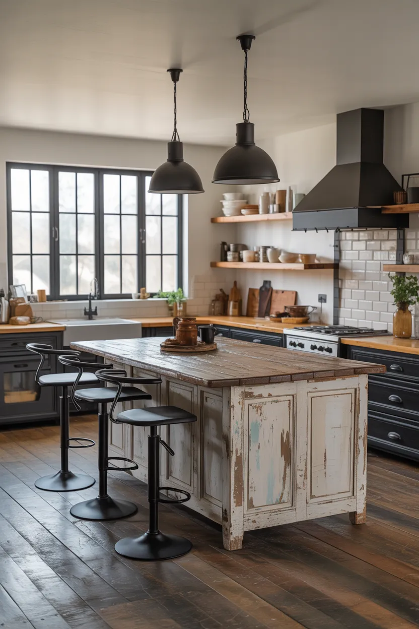 Distressed Wood Kitchen Island With Black Stools