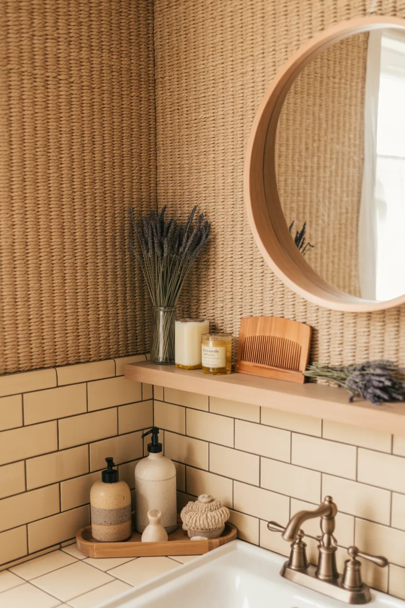 Woven Seagrass Wallpaper With Earthy Ceramic Accessories