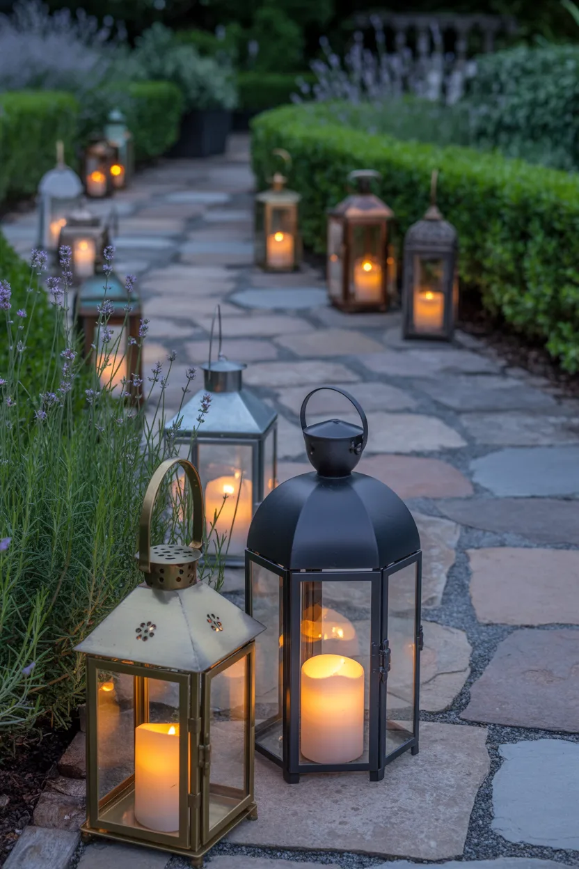 Vintage Lantern Collection Along Garden Path