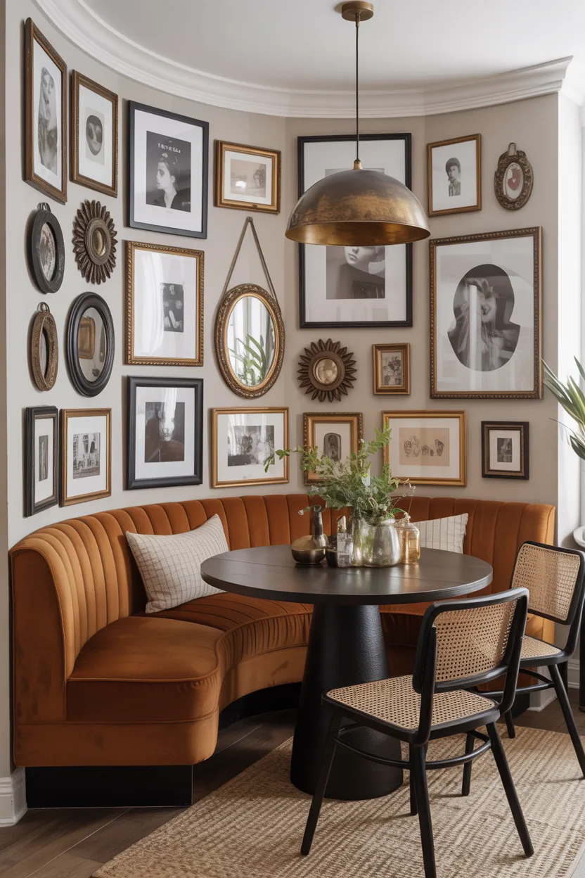 Eclectic Dining Nook With Gallery Wall Behind the Bench