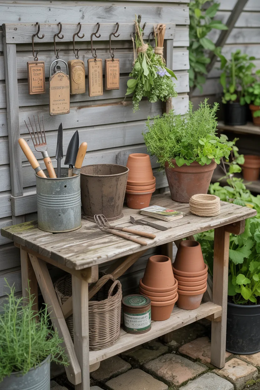 Garden Potting Bench Styled with Vintage Tools