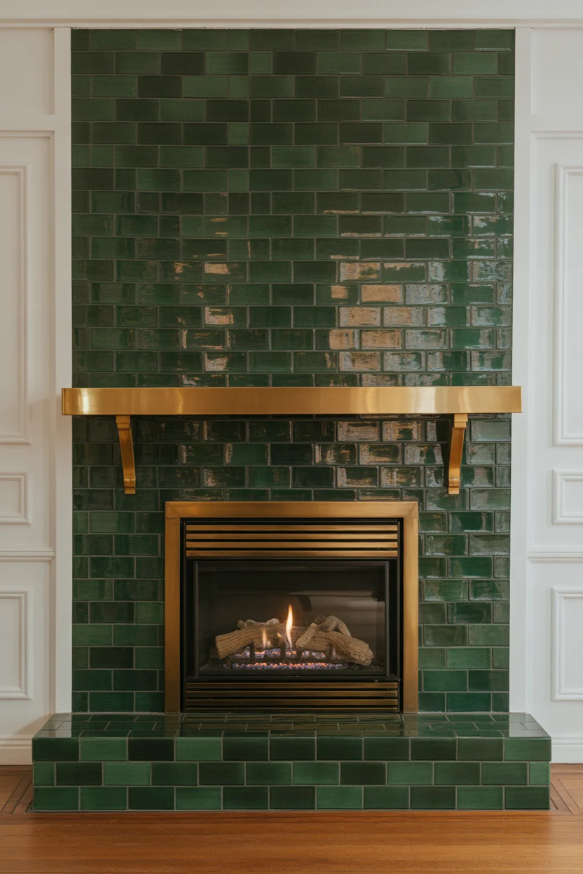 Emerald Green Tile Fireplace with Brass Accents