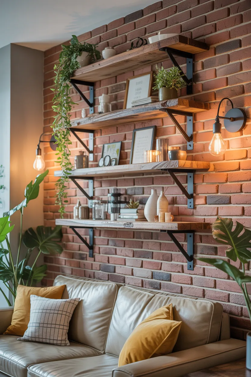 Exposed Brick Wall With Reclaimed Wood Shelving