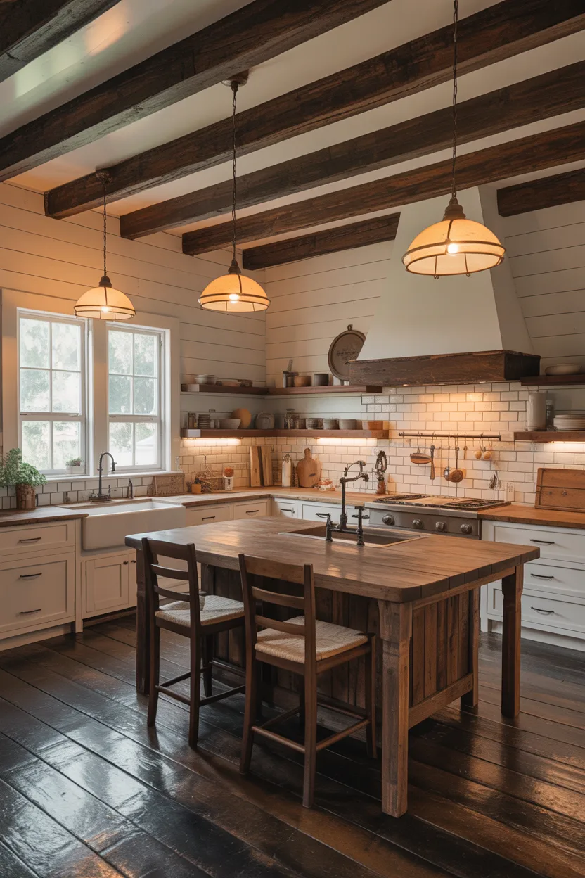 Exposed Ceiling Beams Over a Farmhouse Kitchen