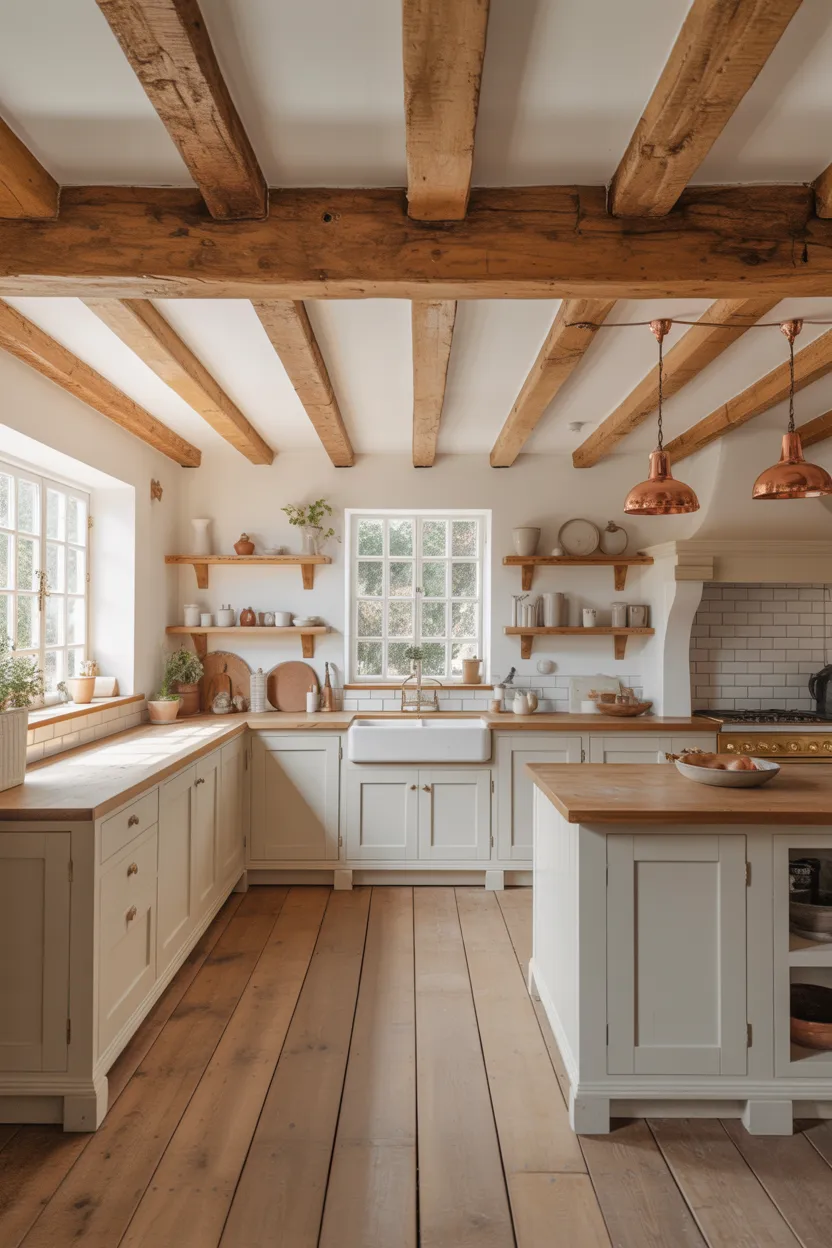 Exposed Timber Ceiling Beams in White Kitchen