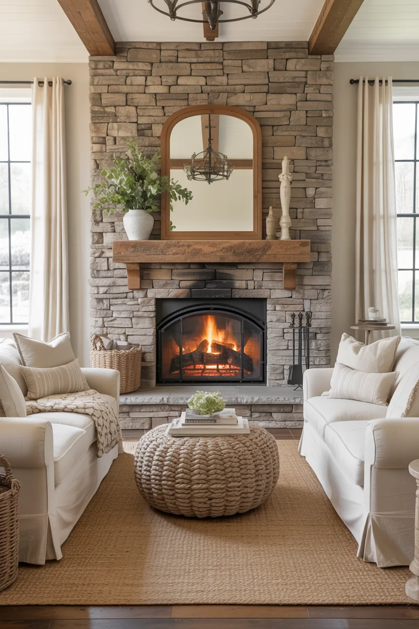 Farmhouse Living Room Ideas Stone Fireplace as the Focal Point