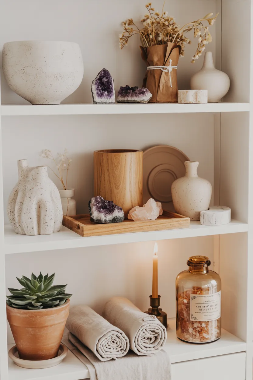 Boho Bathroom Shelf Styling With Crystals and Botanicals