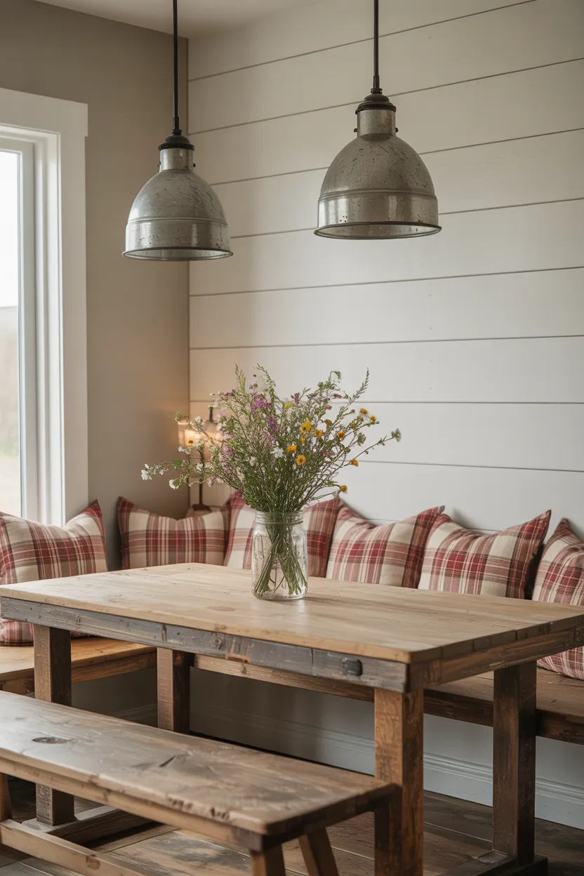 Farmhouse Dining Nook With Shiplap Accent Wall