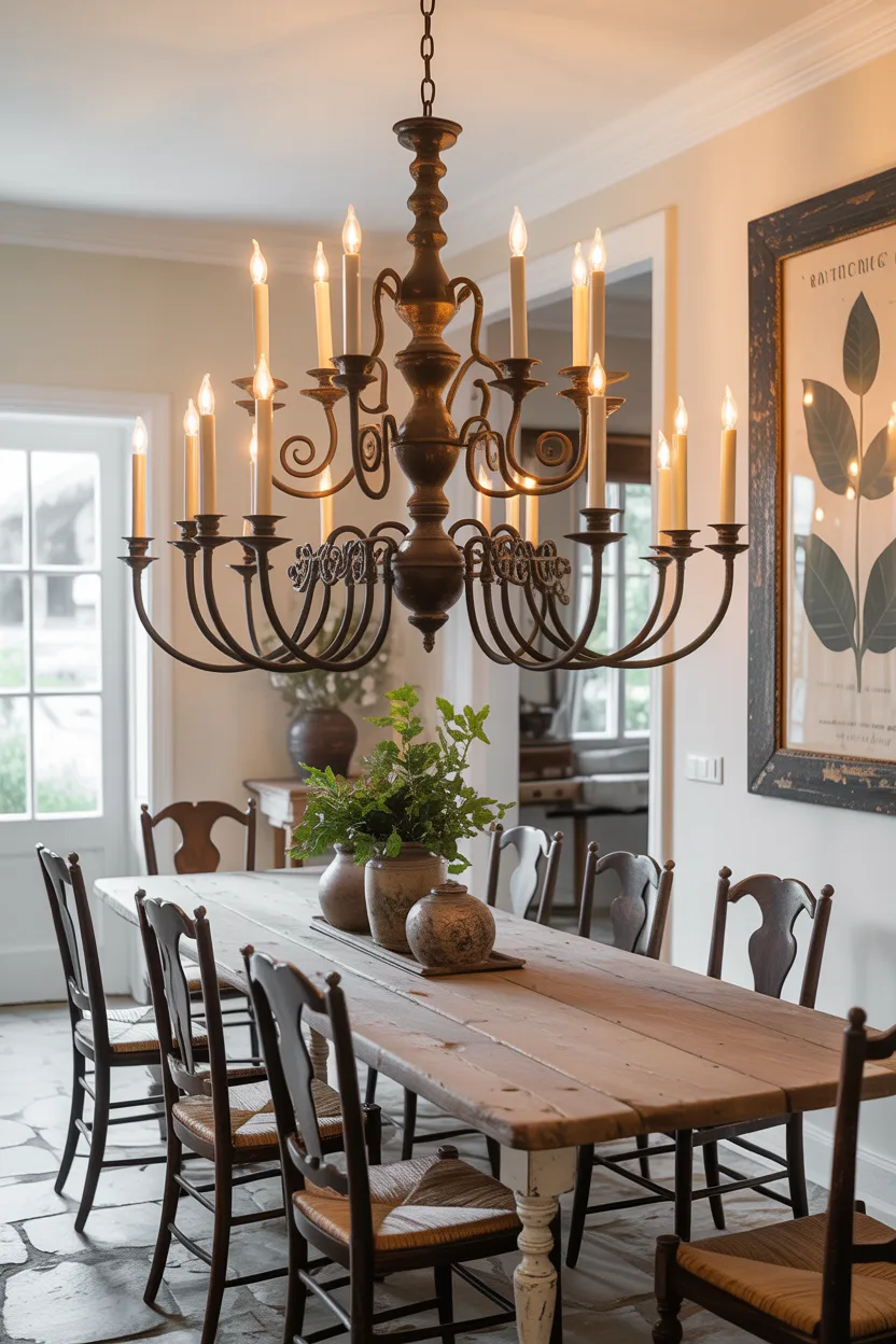  Farmhouse Dining Room With Antique Chandelier