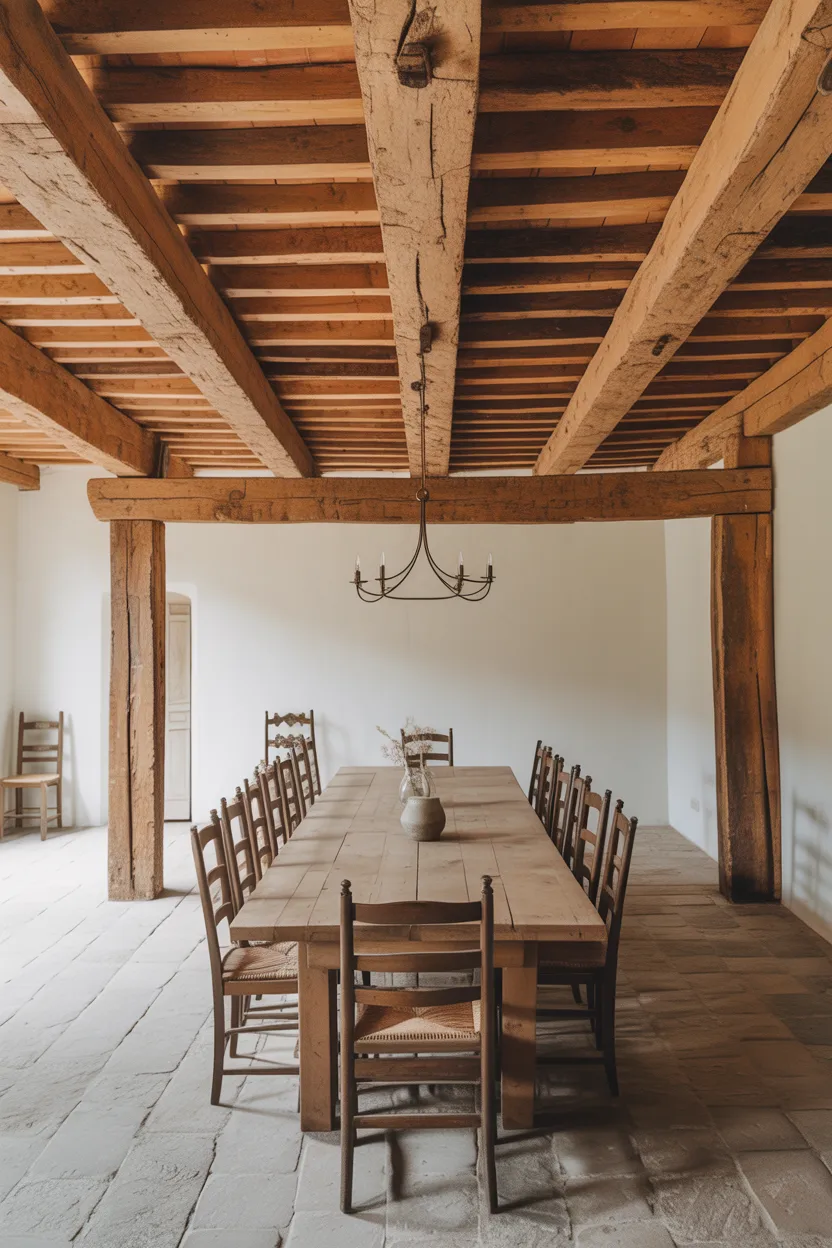  Farmhouse Dining Room With Exposed Ceiling Beams