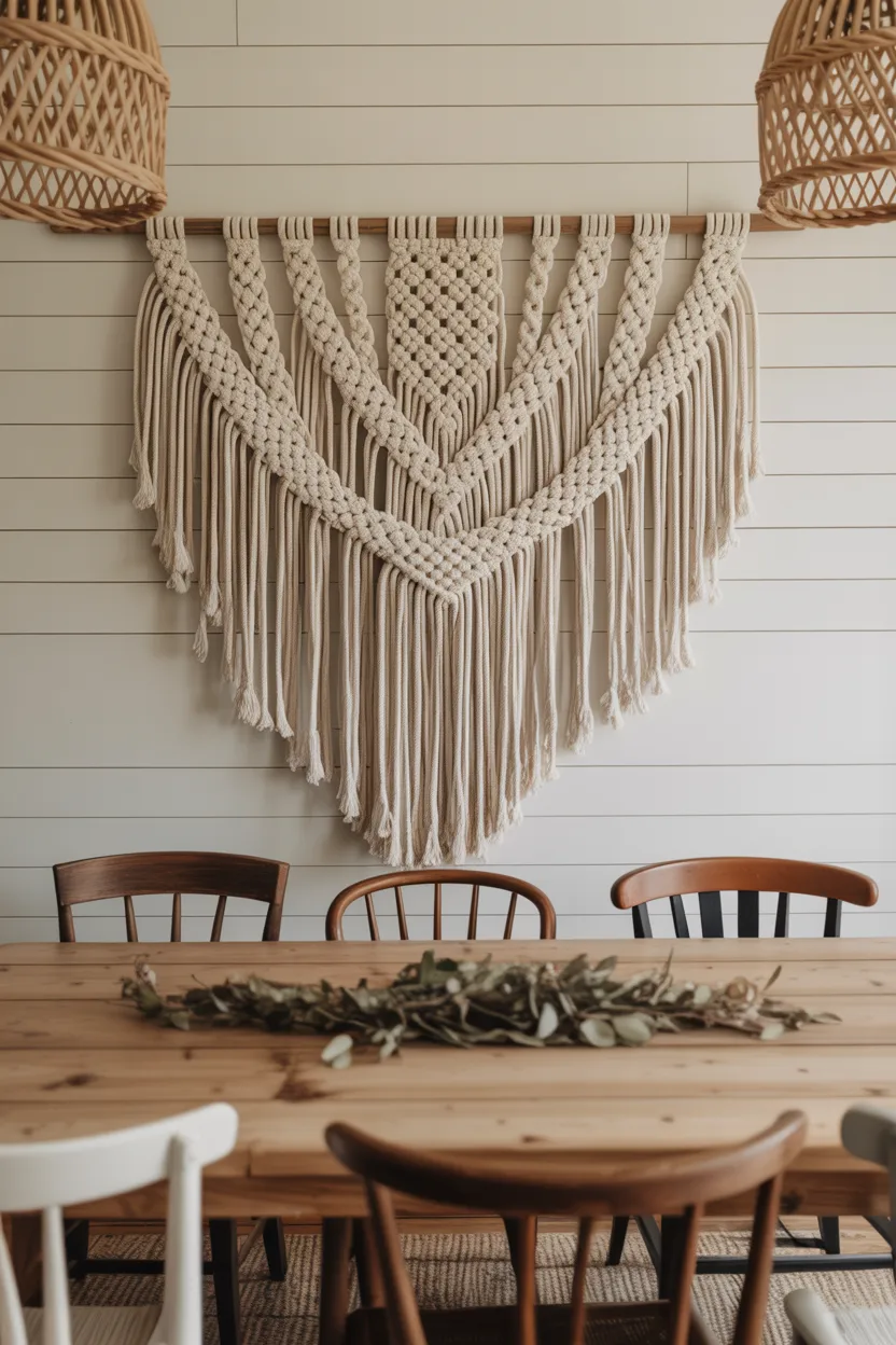 Farmhouse Dining Room With Macramé Wall Hanging