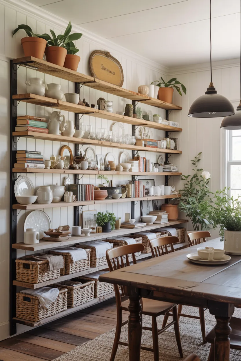 Farmhouse Dining Room With Open Shelving Sideboard