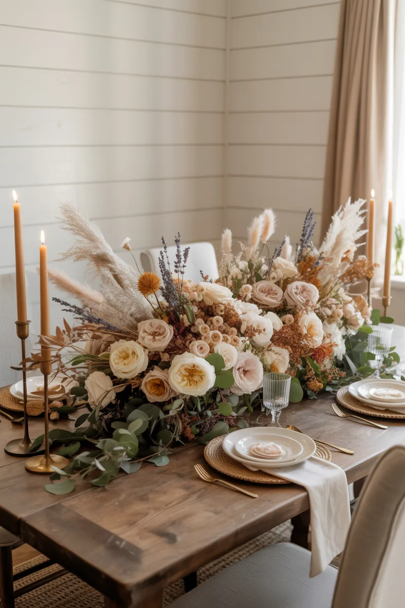   Farmhouse Dining Room With Statement Floral Centerpiece Farmhouse Dining Room Ideas 