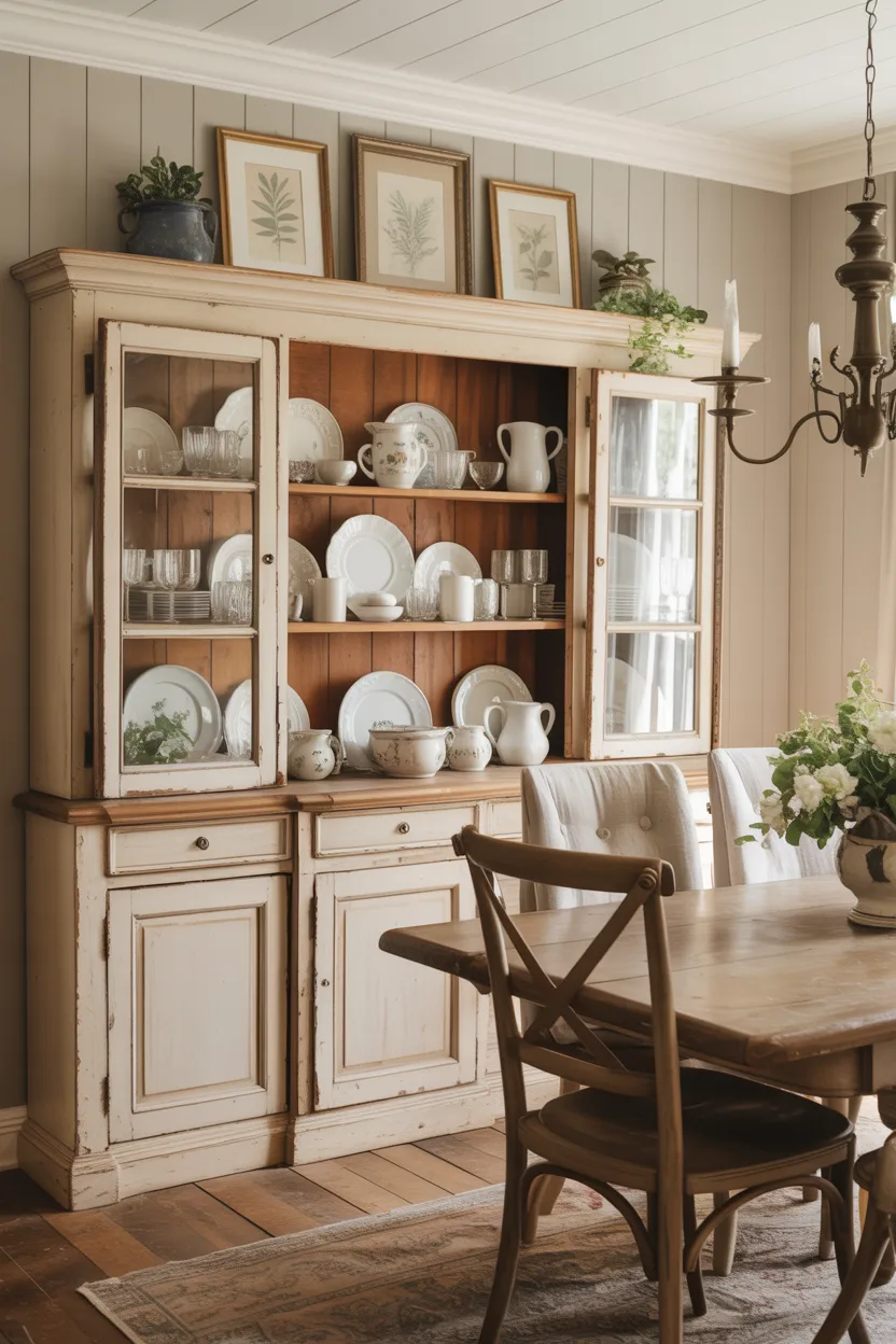  Farmhouse Dining Room With Vintage China Cabinet