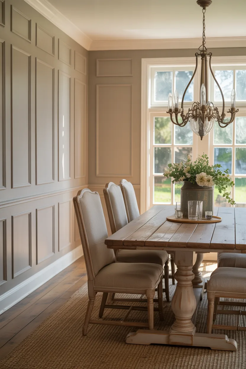 Farmhouse Dining Room With Wainscoting