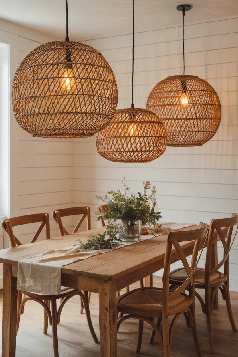  Farmhouse Dining Room With Woven Rattan Pendant Lights
