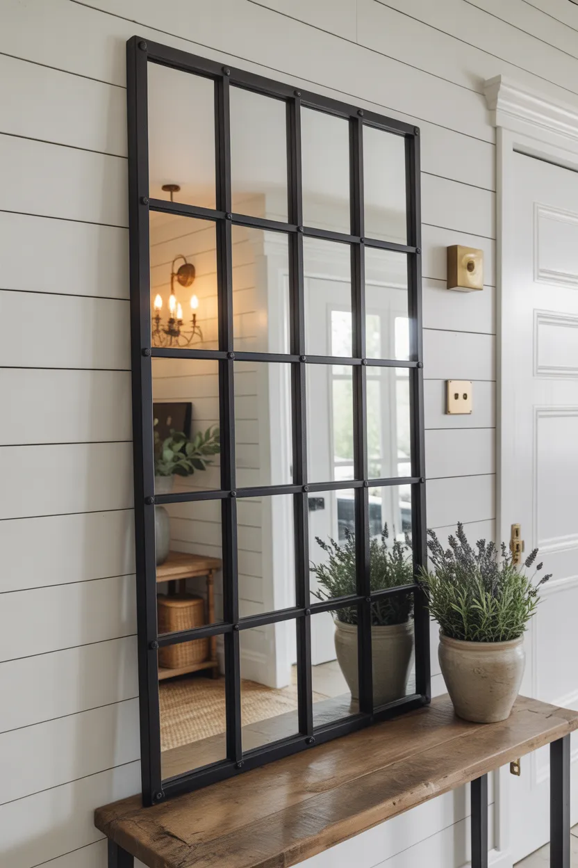 Farmhouse Entryway With Black Window Pane Mirror