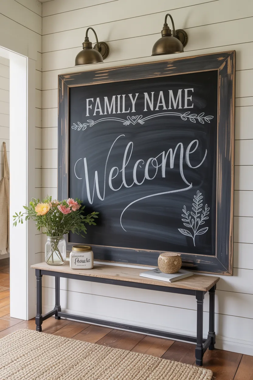 Farmhouse Entryway With Chalkboard Welcome Sign