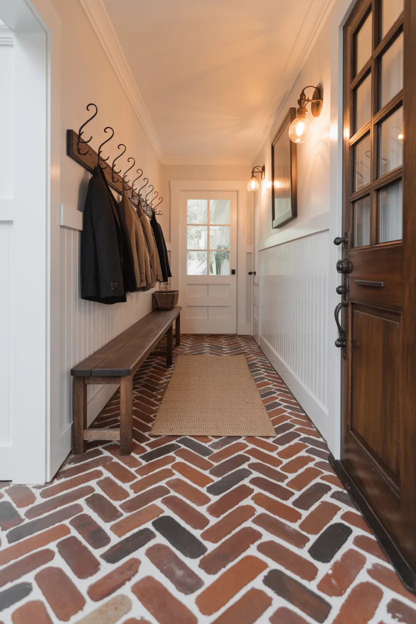 Farmhouse Entryway With Herringbone Brick Floor