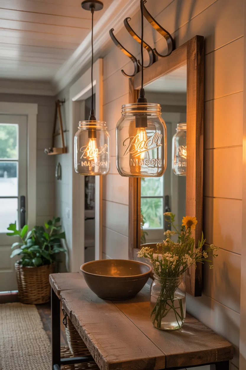  Farmhouse Entryway With Mason Jar Lighting