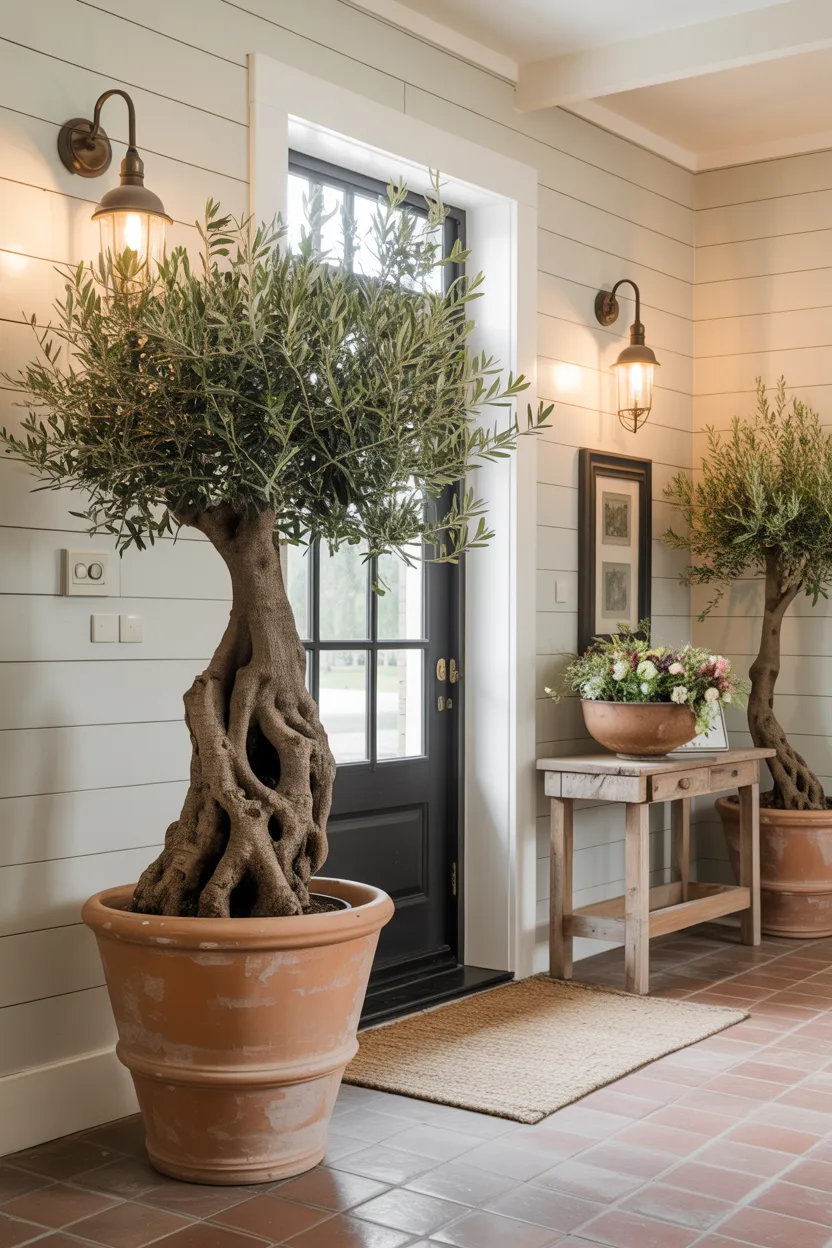 Farmhouse Entryway With Potted Olive Tree