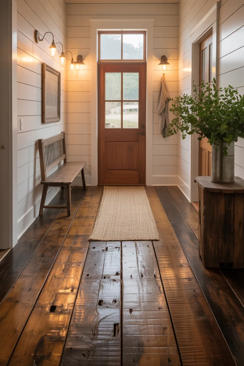 Farmhouse Entryway With Reclaimed Wood Flooring