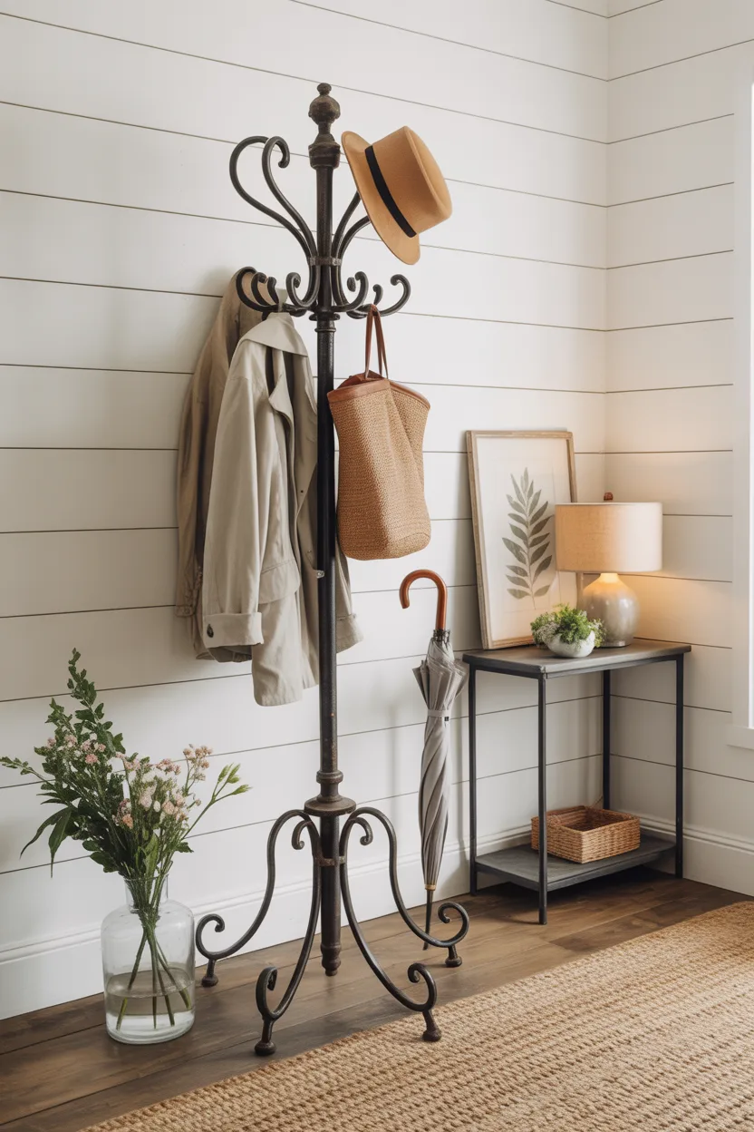  Farmhouse Entryway With Vintage Coat Stand