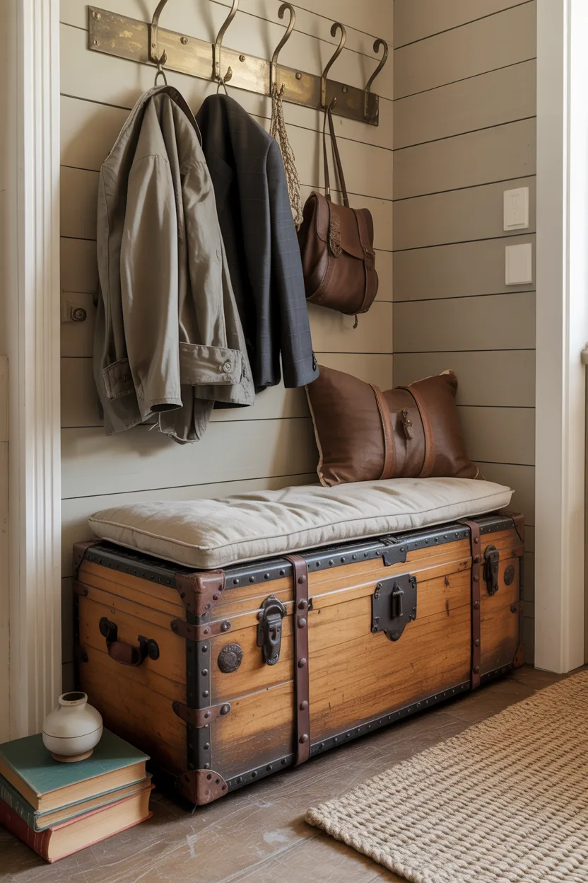 Farmhouse Entryway With Vintage Trunk Storage