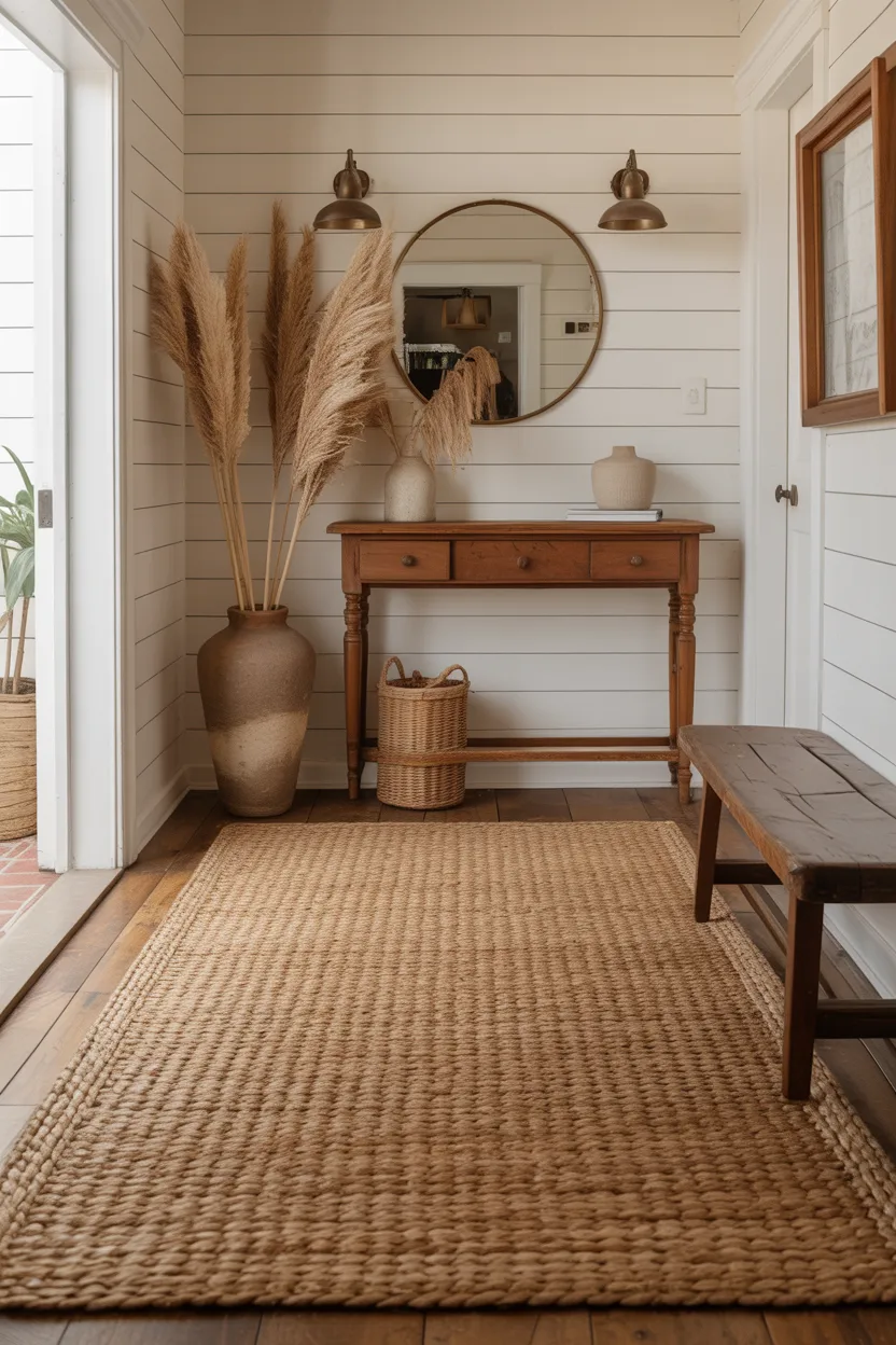  Farmhouse Entryway With Woven Jute Rug