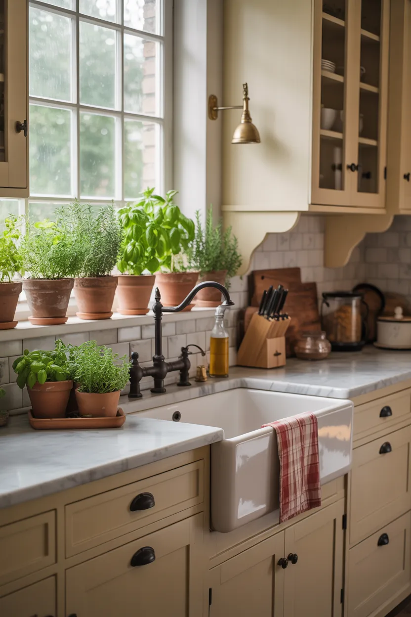 Farmhouse Kitchen With Apron Sink and Window Garden