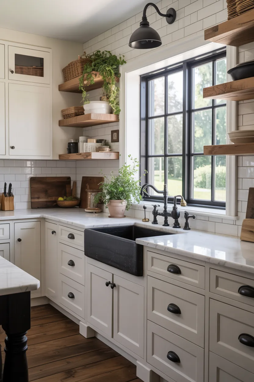 Farmhouse Kitchen With Black Hardware Throughout