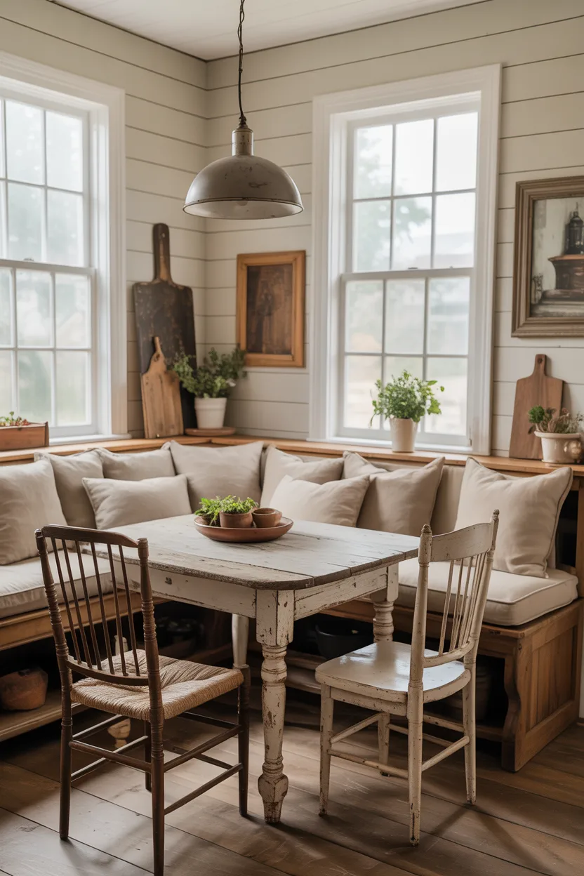 Farmhouse Kitchen With a Built-In Banquette Seating Area