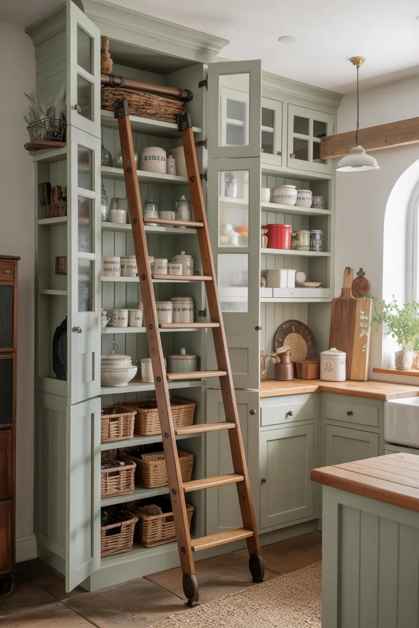 Farmhouse Kitchen With a Pantry Cupboard and Ladder