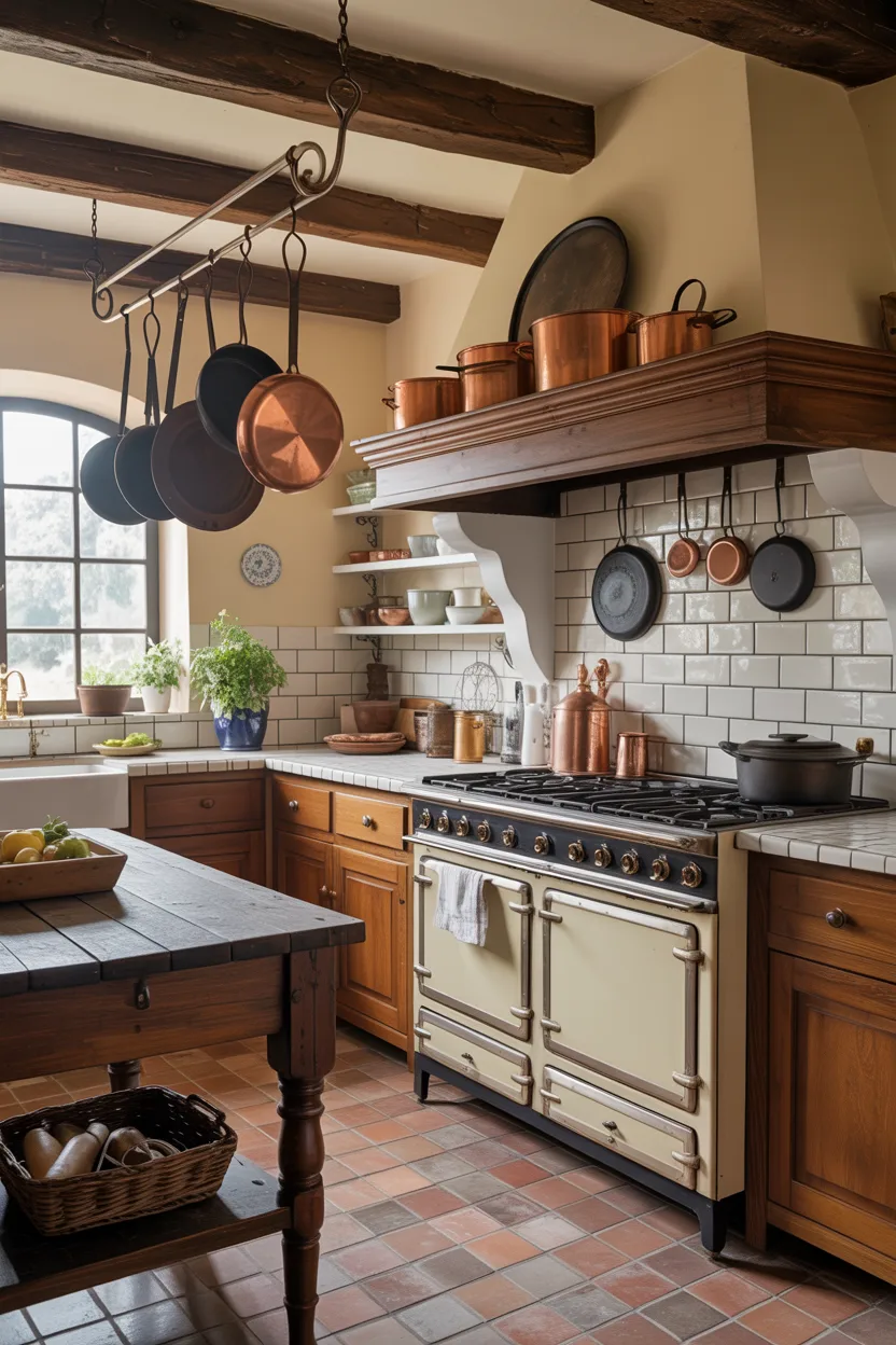  Farmhouse Kitchen With a Vintage Range and Pot Rack