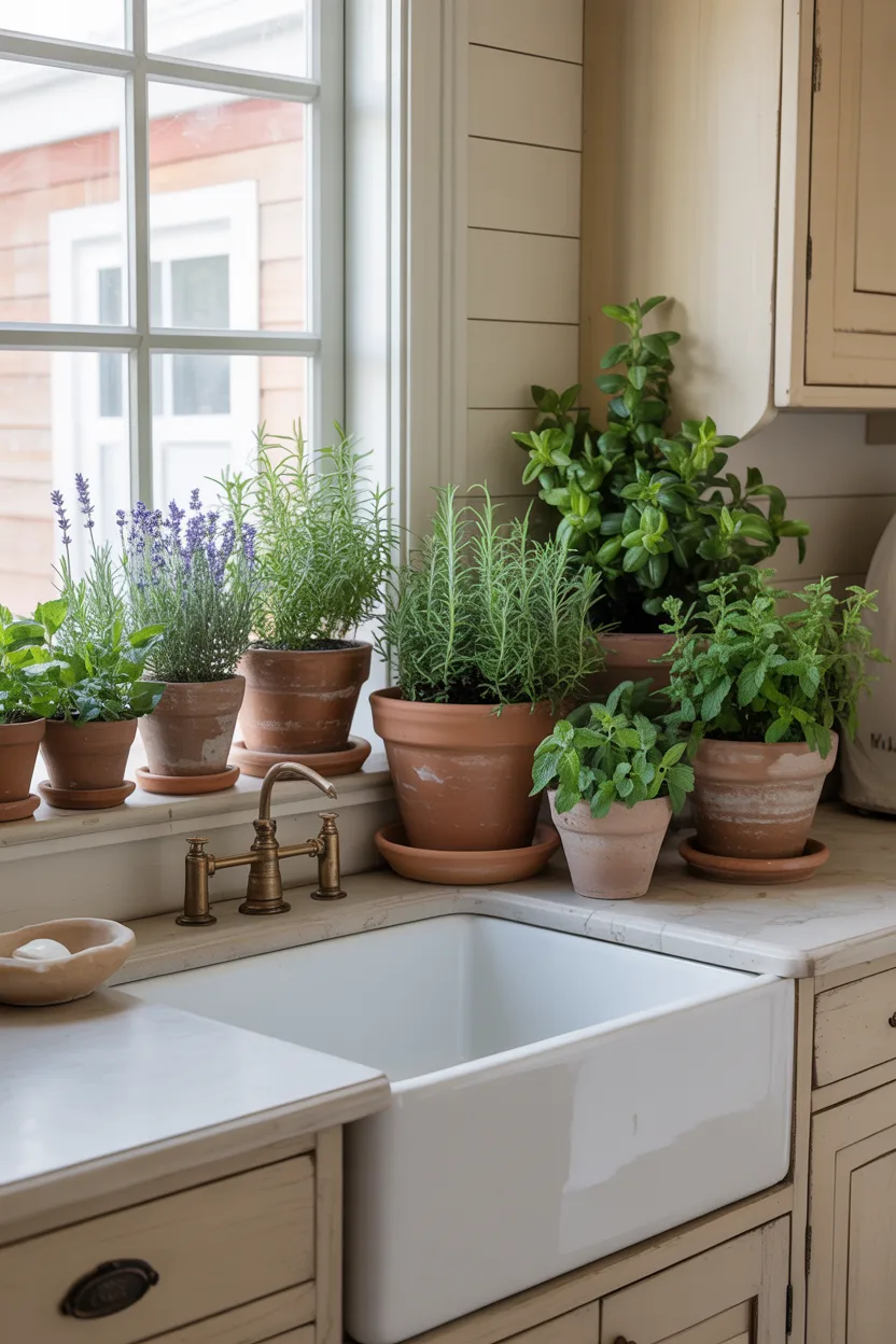 Farmhouse Laundry Room With Countertop Herb Garden