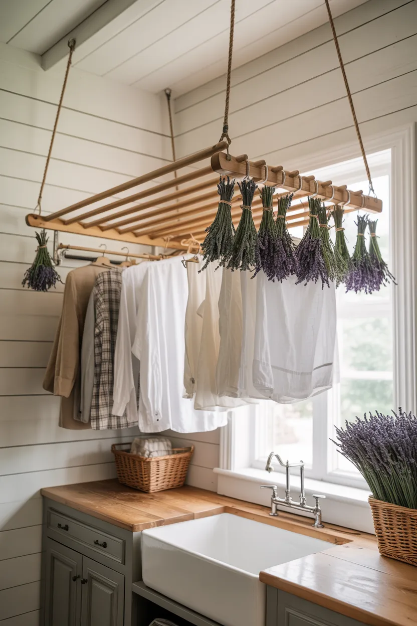 Farmhouse Laundry Room With Drying Rack