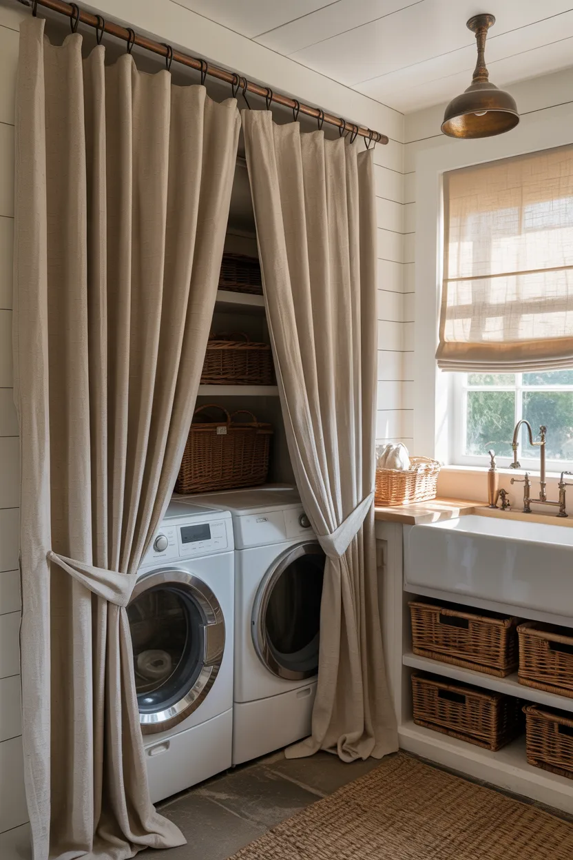 Farmhouse Laundry Room With Linen Curtains