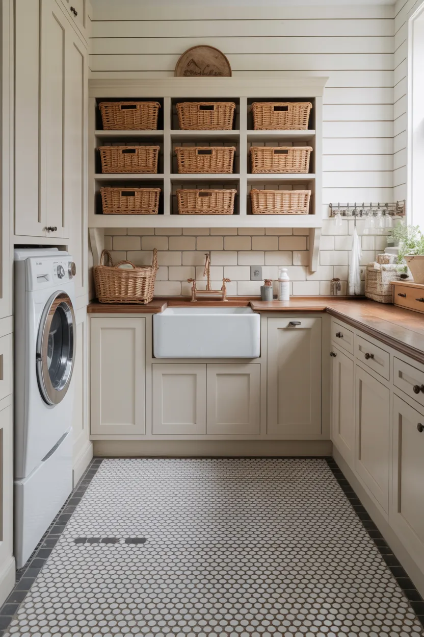 Farmhouse Laundry Room With Penny Round Tile Floor