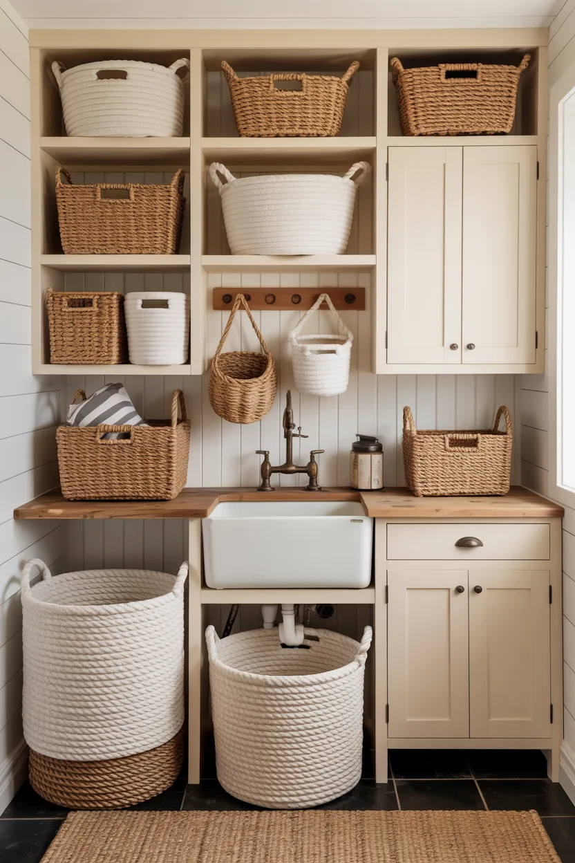 Farmhouse Laundry Room With Rope Basket Display