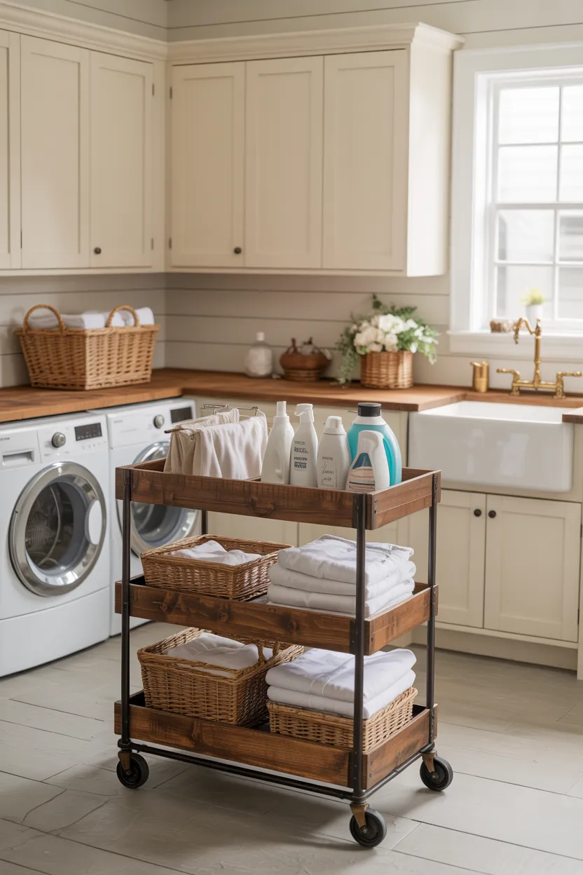 Farmhouse Laundry Room With Utility Cart